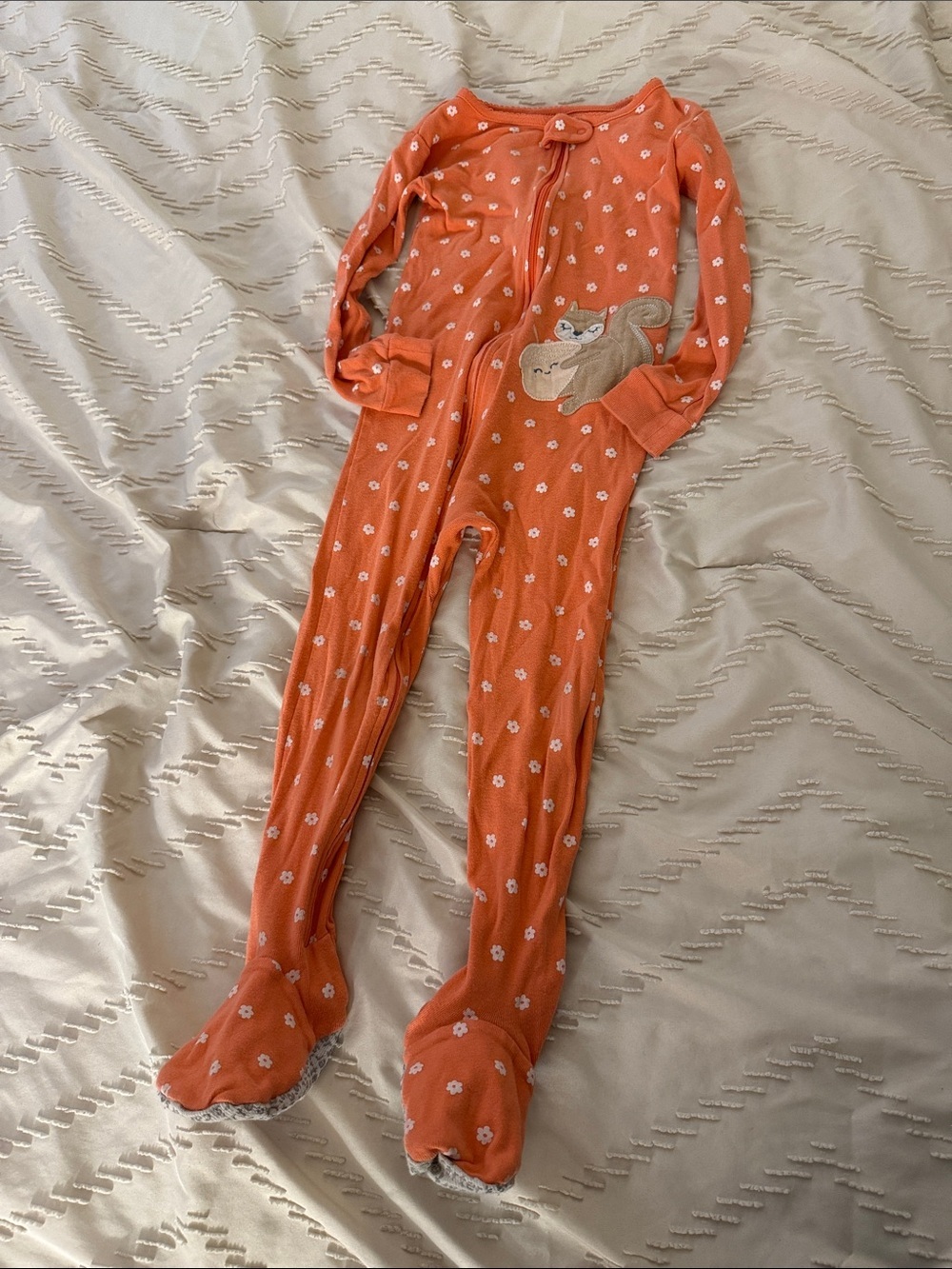 Orange Floral Baby Girls Pajamas with Squirrel Patch